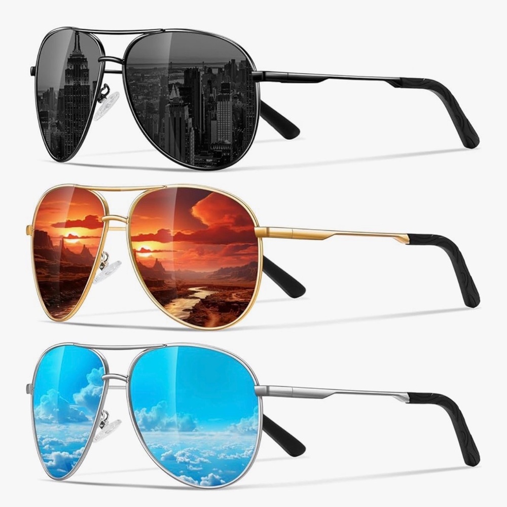 Set of 3 Aviator Polarized Men’s Sunglasses - Black / Gold / Silver Frames